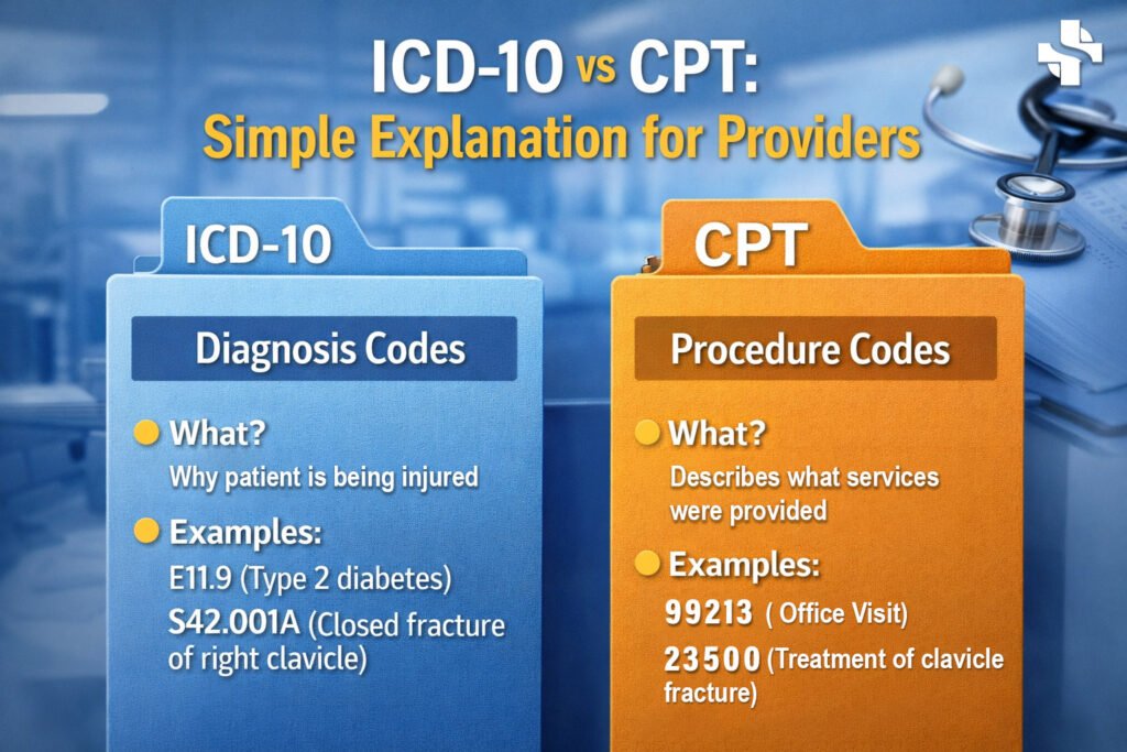ICD-10 vs CPT medical coding comparison showing diagnosis codes and procedure codes used in medical billing.