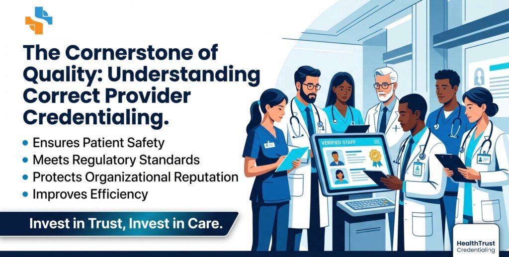 Infographic outlining the four key benefits of proper provider credentialing in healthcare: ensuring patient safety, meeting regulatory standards, protecting organizational reputation, and improving efficiency.